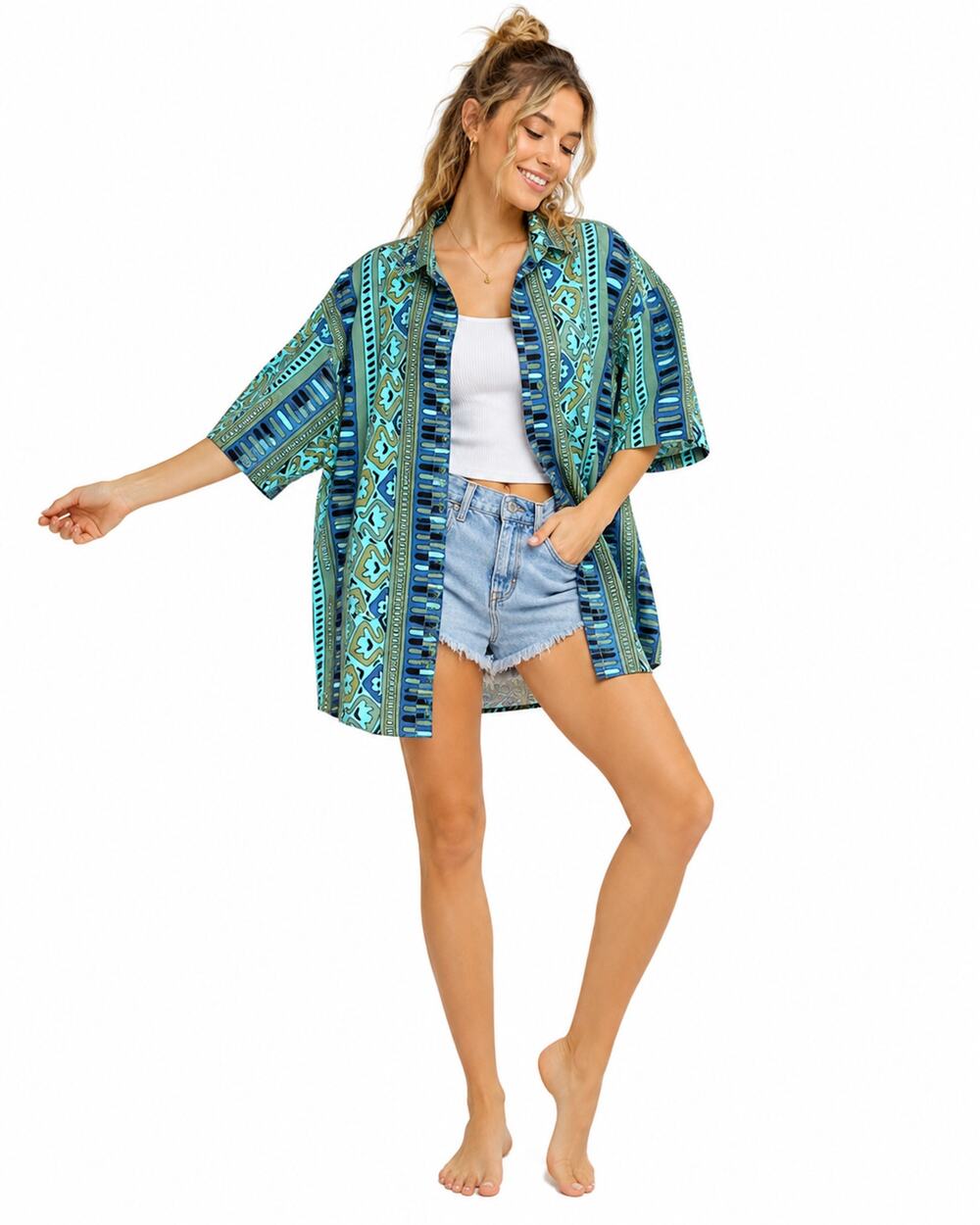 Vintage 80s Tomato Cotton Shirt Teal Blue Geometric Print Camp Shirt L